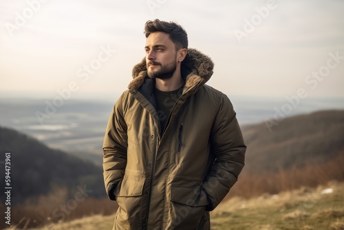 Full-length portrait photography of a cheerful man in his 30s wearing a warm parka against a hillside or rolling hills background. Generative AI