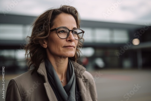 portrait of middle aged woman in eyeglasses looking away in city