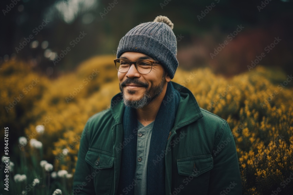 Portrait of a bearded hipster man wearing a hat and glasses standing in a field of yellow flowers.