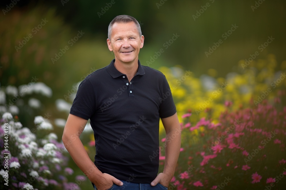 Portrait of a handsome middle-aged man standing in a garden