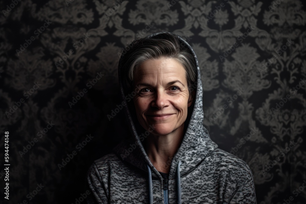 Portrait of a senior woman in a hoodie on a dark background Portrait of a senior woman in a hoodie on a dark background