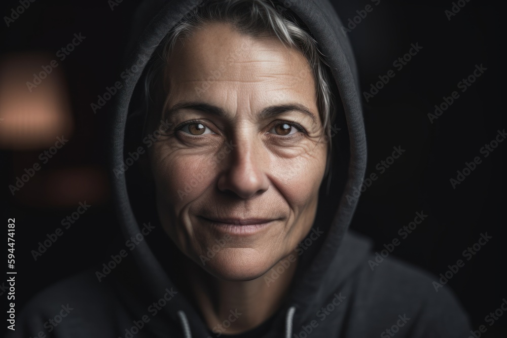 Portrait of a senior woman wearing a hooded sweatshirt.