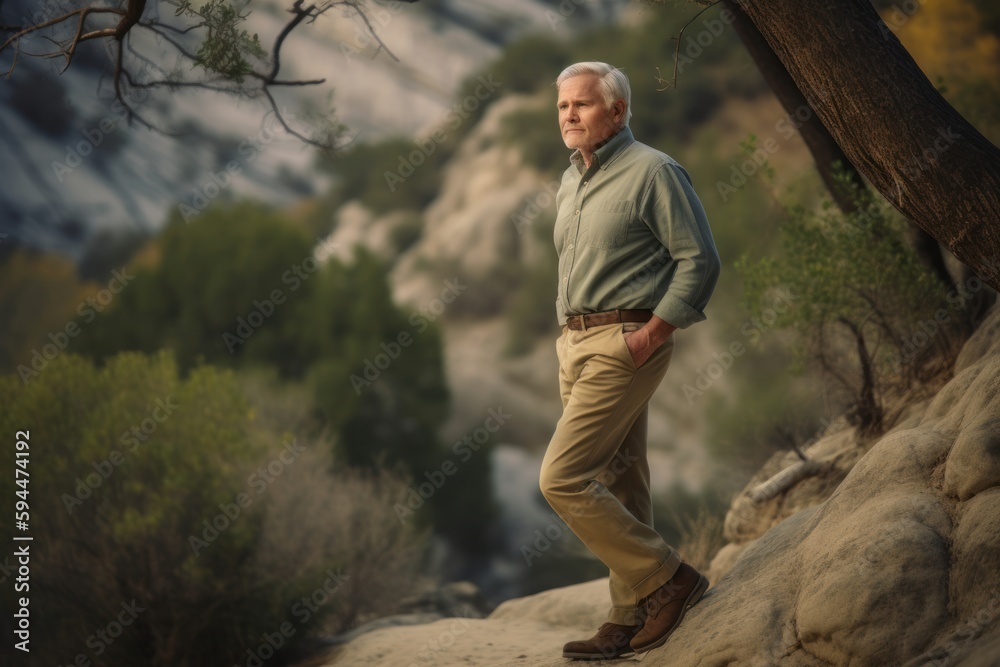 Environmental portrait photography of a satisfied man in his 50s wearing a smart pair of trousers against a national park or natural wonder background. Generative AI Environmental portrait photography of a satisfied man in his 50s wearing a smart pair of trousers against a national park or natural wonder background. Generative AI