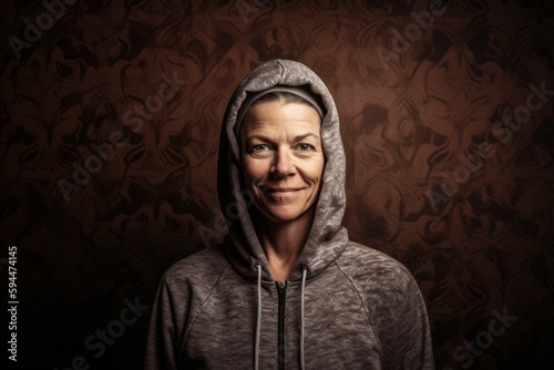 Conceptual portrait photography of a grinning woman in her 50s wearing a stylish hoodie against an old-fashioned wallpaper background. Generative AI