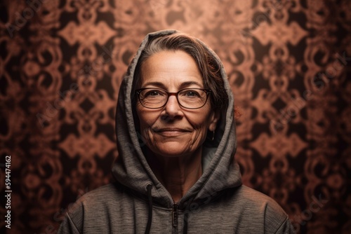 Portrait of a senior woman in a hoodie and glasses.