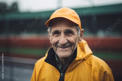 Lifestyle portrait photography of a grinning man in his 60s wearing a vibrant raincoat against a basketball court or sports court background. Generative AI
