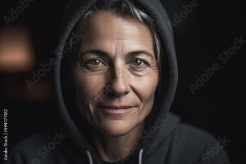 Portrait of a senior woman wearing a hooded sweatshirt.