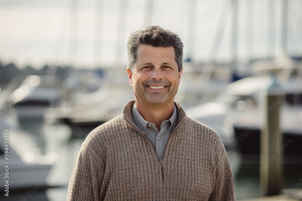 Portrait of smiling man standing by yachts in marina Portrait of smiling man standing by yachts in marina