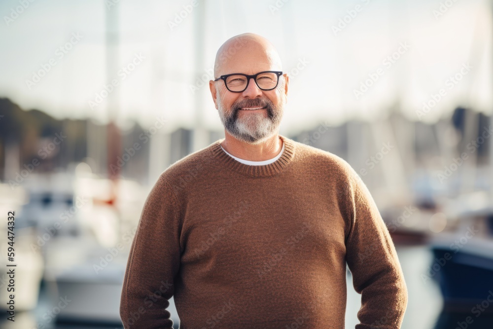 Portrait of a smiling senior man standing in front of a yacht Portrait of a smiling senior man standing in front of a yacht