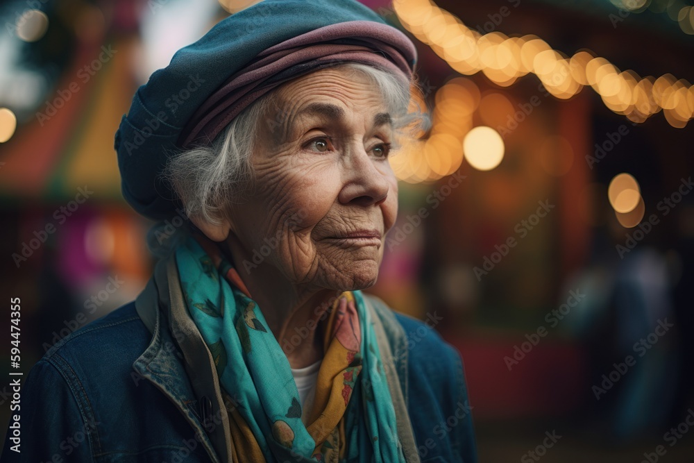 Portrait of an elderly woman on the background of the Christmas market