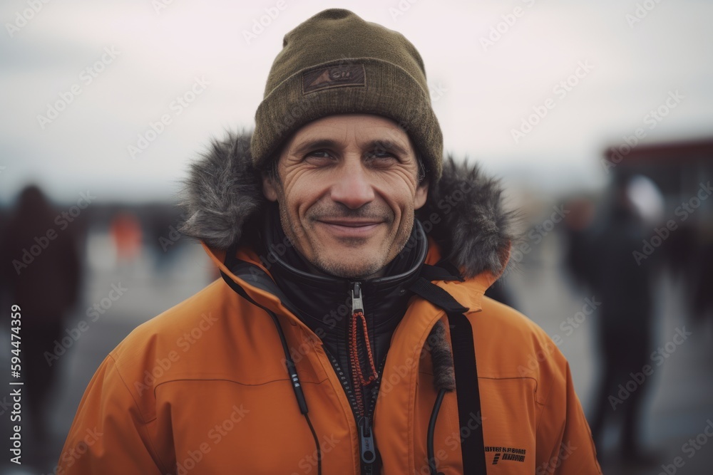 Portrait of a smiling man in an orange jacket on the street
