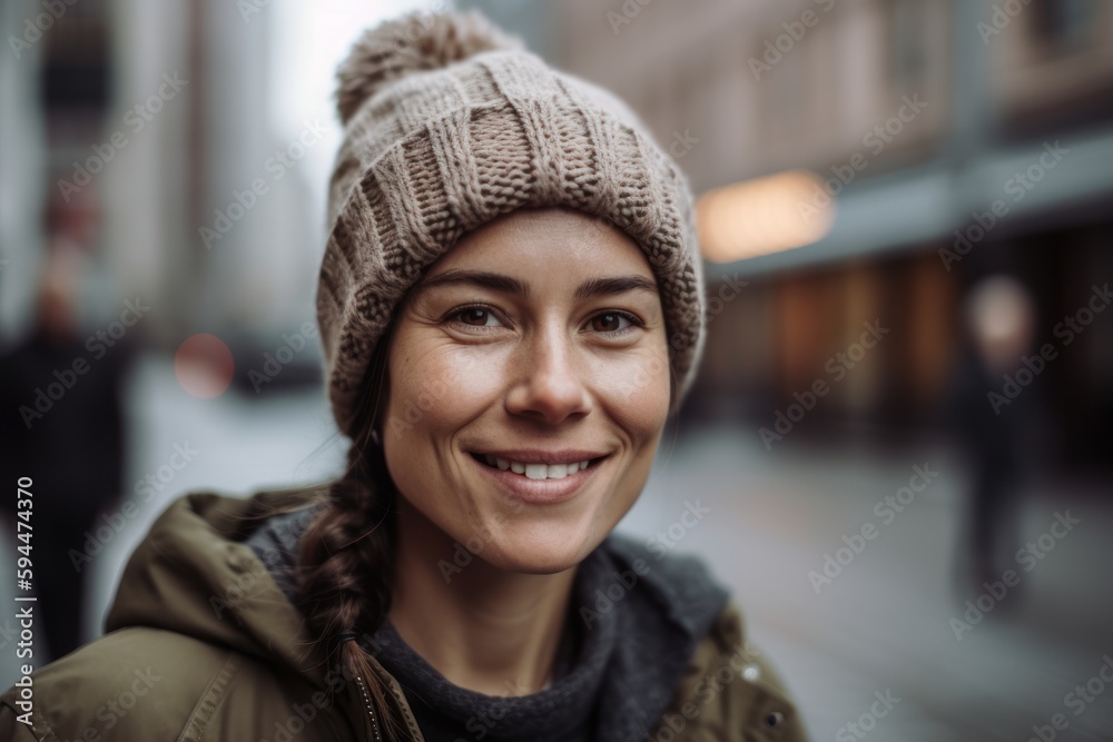 Close up portrait of a smiling young woman wearing a hat and coat in the city Close up portrait of a smiling young woman wearing a hat and coat in the city