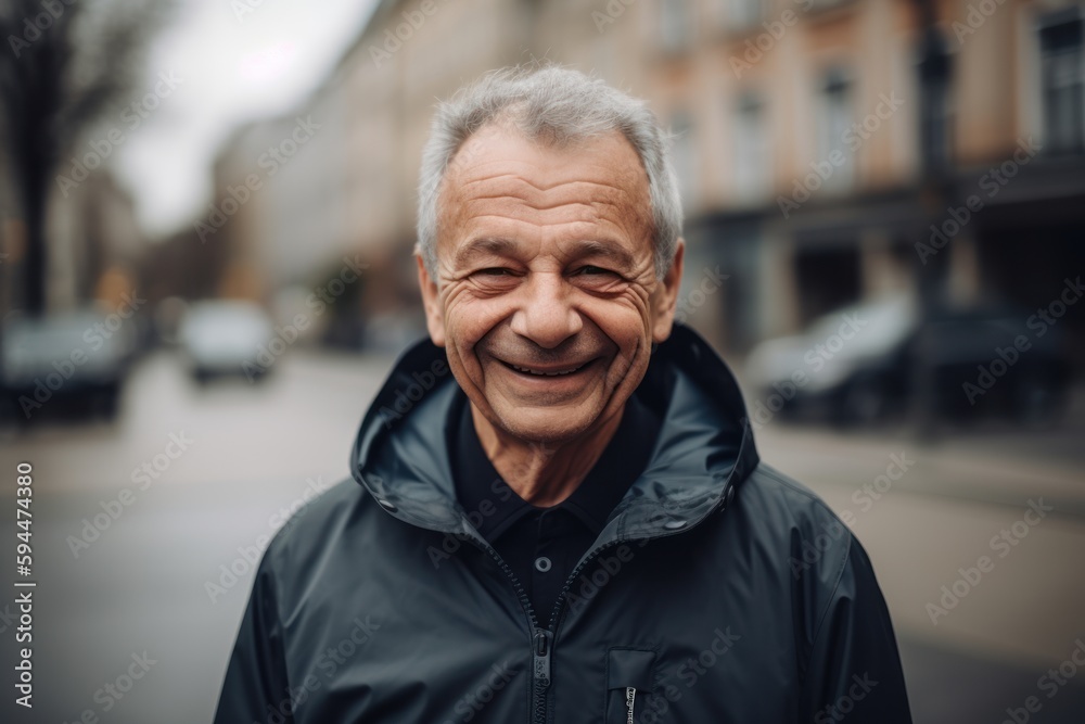 portrait of smiling senior man in black jacket on the city street