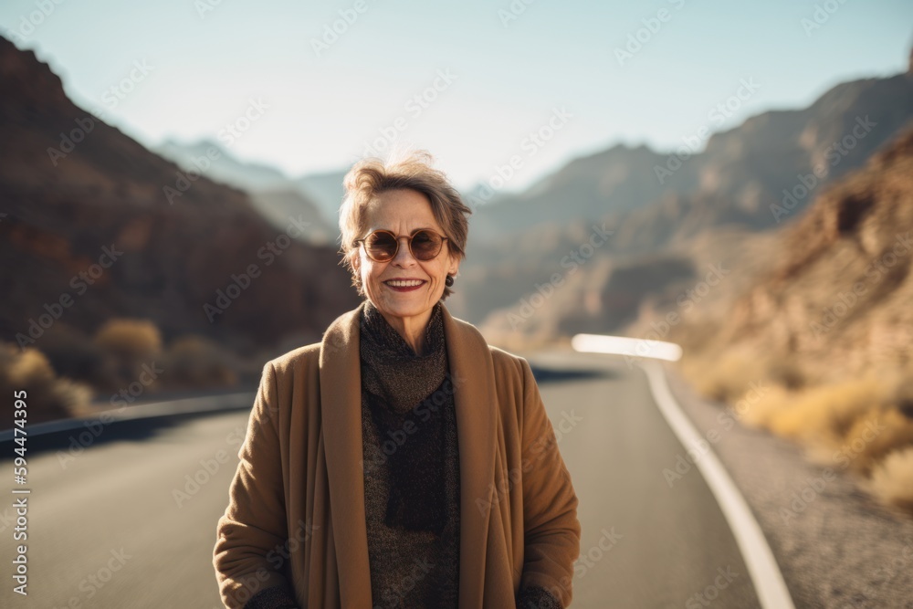 Portrait of a middle-aged woman on the road in the desert Portrait of a middle-aged woman on the road in the desert