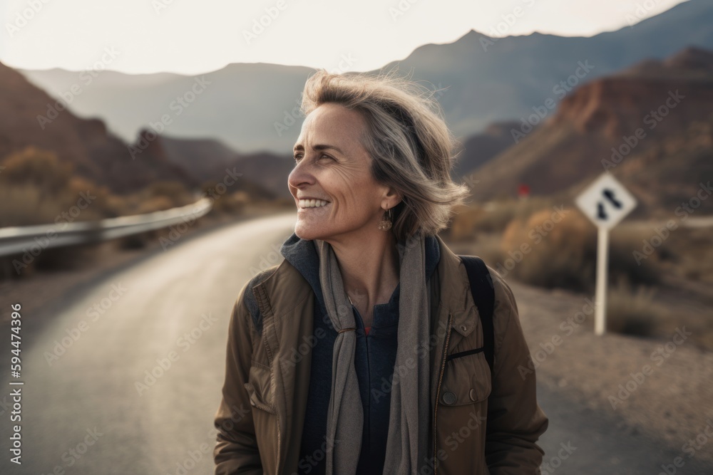 Portrait of a happy woman standing on a road in the desert