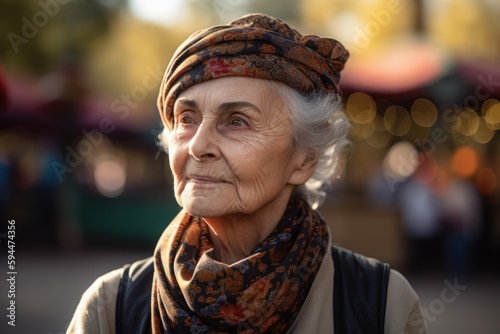 Portrait of an elderly woman in the city at the fair.