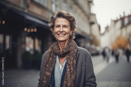 Full-length portrait photography of a grinning woman in her 50s wearing a chic cardigan against a european street or city square background. Generative AI