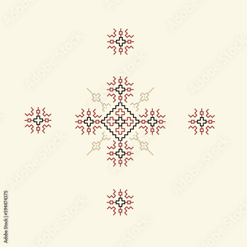 Pixel pattern. Ethnic abstract art. Harmonious pattern of tribal ornament, folk embroidery, Aztec geometric print. Design for carpet, wallpaper, clothing, textile, pillow, curtain.