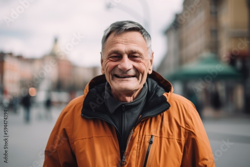 Portrait of a smiling senior man in an orange jacket on the street