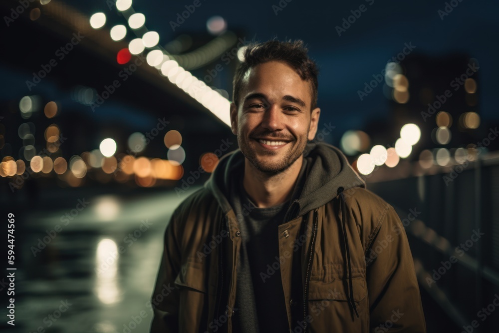 Portrait of handsome young man smiling in the city at night time