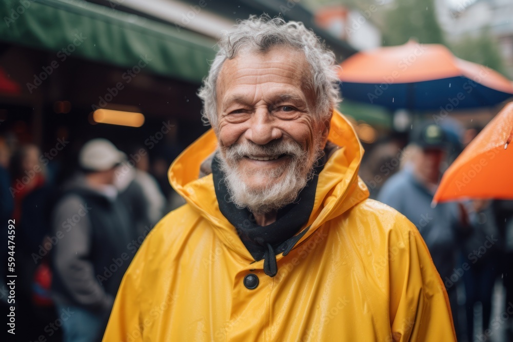 Environmental portrait photography of a pleased man in his 60s wearing a vibrant raincoat against a food market or street food background. Generative AI Environmental portrait photography of a pleased man in his 60s wearing a vibrant raincoat against a food market or street food background. Generative AI