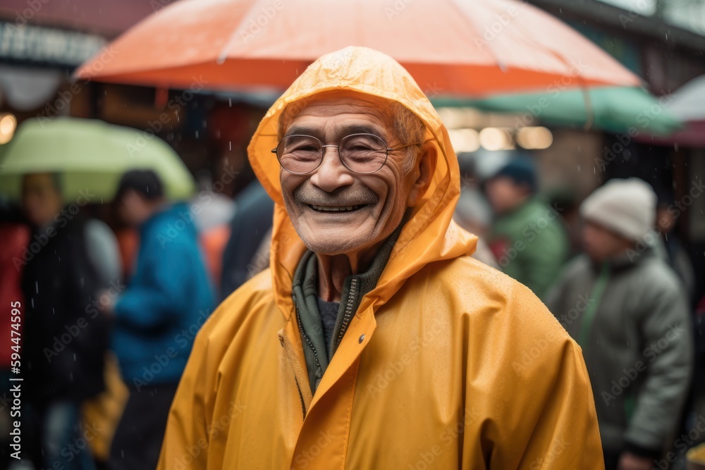 Asian senior man in yellow raincoat standing in front of the market