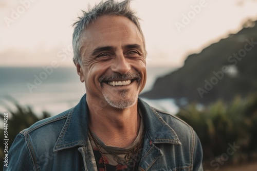 Portrait of a smiling senior man in jeans jacket looking at camera on the beach