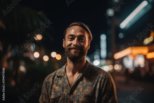 Portrait of a handsome bearded hipster man in the city at night