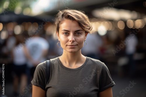 Portrait of a young woman with short hair in the city.