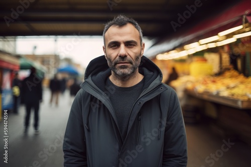 Portrait of a bearded man in a black jacket at the market