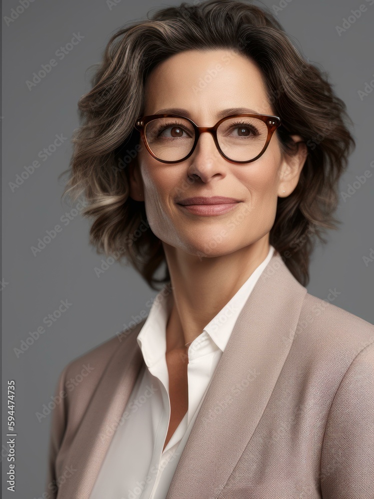 Portrait of a beautiful businesswoman in eyeglasses on grey background