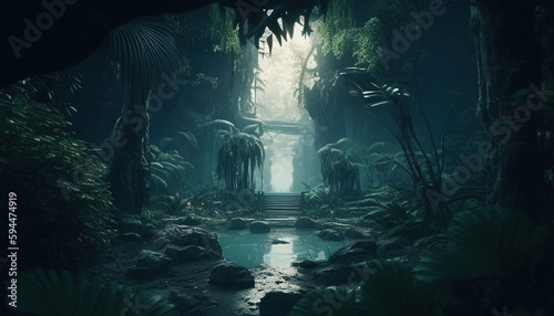 Fototapeta Naklejka Na Ścianę i Meble -  jungle with many ghosts, digital art illustration, Generative AI