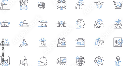 Assembly-line work line icons collection. Conveyor, Production, Efficiency, Automation, Pacing, Batching, Inspection vector and linear illustration. Techniques,Quality,Coordination outline signs set