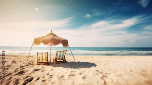 Amazing sea landscape, romantic paradise, Holidays background. Two beach lounge chairs under tent on beach. Generative AI.