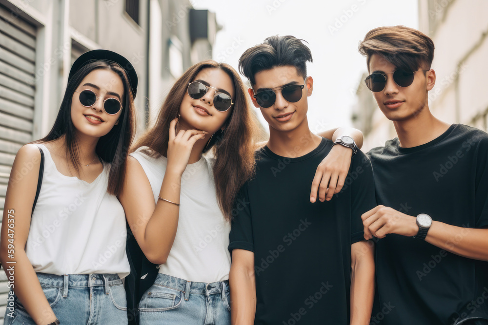 Gen Z Lifestyle, portrait of Generation Z youngsters on a street, all wearing sunglasses, two girls and two boys. High quality generative ai