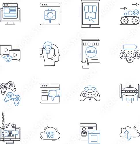 Virtual glistening line icons collection. Virtuality, Glitter, Simulation, Augmented, Shimmer, Holography, Sparkle vector and linear illustration. Digital,Radiant,Unreal outline signs set