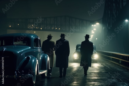 Gangsters meet at a deal at night on a bridge in 1930s America. AI Generation 
