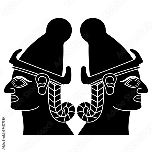 Symmetrical design with two ancient Syrian male heads. Mesopotamian design from Karkemish. Black and white silhouette.