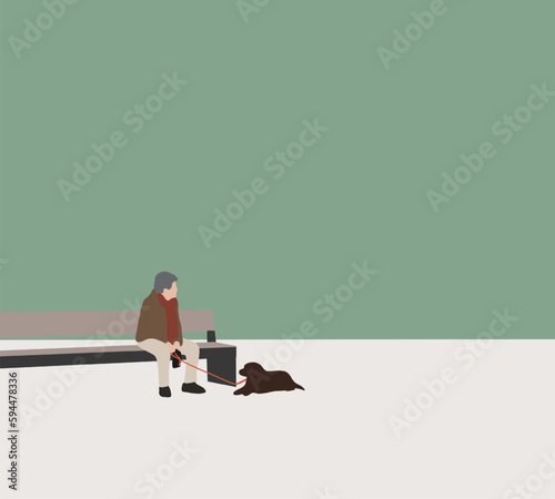 Old man sitting with his dog in the public park on holiday vacation. Happiness elderly Senior lifestyle concept.