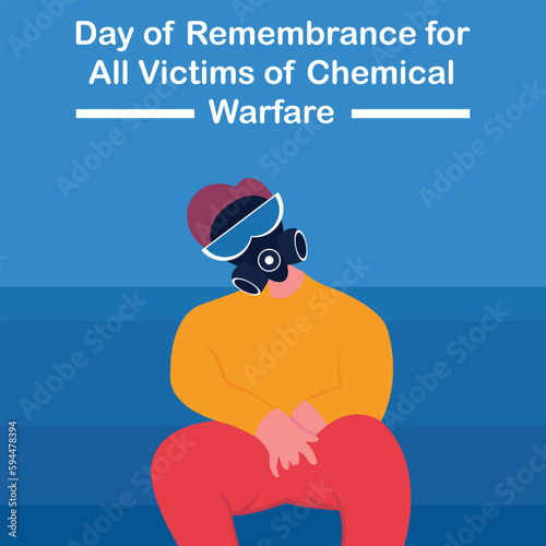 illustration vector graphic of a person wearing a gas mask is sitting limp helplessly, perfect for international day, victims of chemical warfare, celebrate, greeting card, etc.