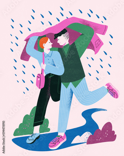Couple hiding from rain under coat