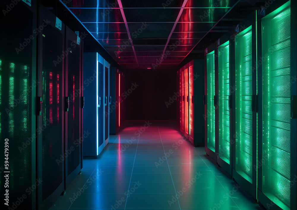 A data center with multiple rows of fully Operational Server Racks. Modern Telecommunications, Cloud Computing, Artificial Intelligence High-tech data centers with computers and lights, Generative AI