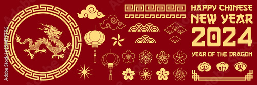 Chinese New Year greeting card, banner with dragon, lanterns, clouds, flowers, stars, typography, asian style element. Vector illustration. Gold festive design elements Isolated on red background