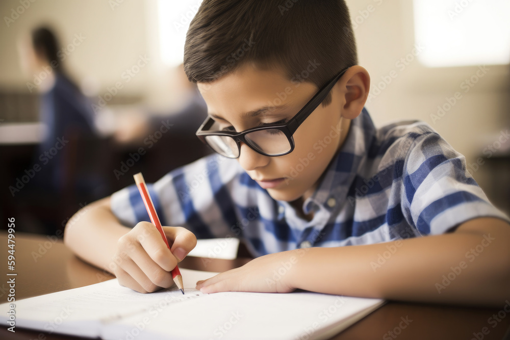 Young boy with glasses taking notes in class at school, high quality generative ai Young boy with glasses taking notes in class at school, high quality generative ai
