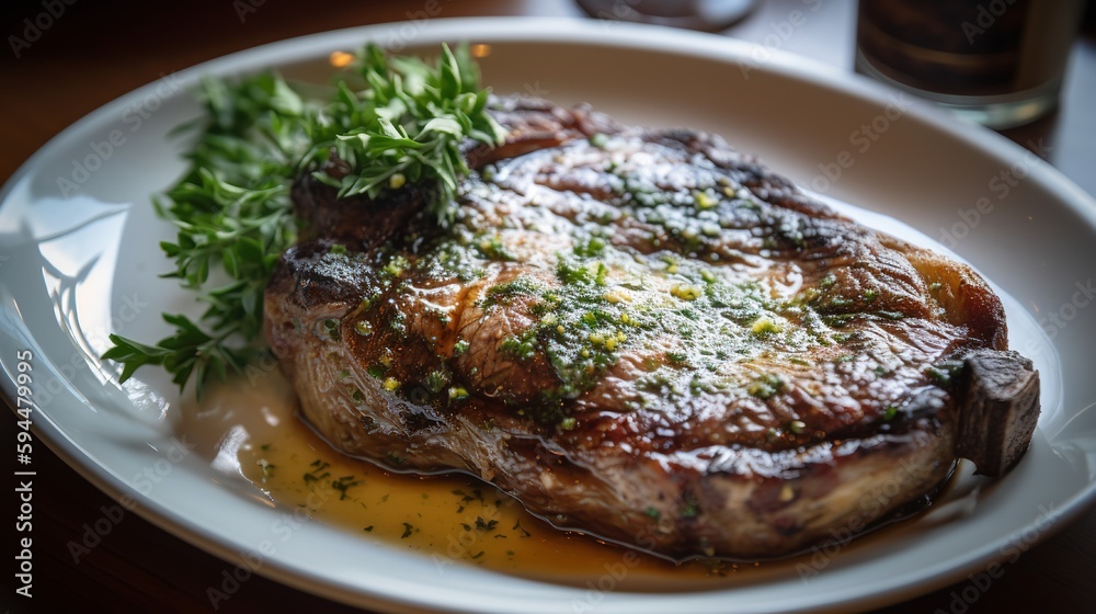 A succulent ribeye steak basted in melted butter and fresh herbs A succulent ribeye steak basted in melted butter and fresh herbs