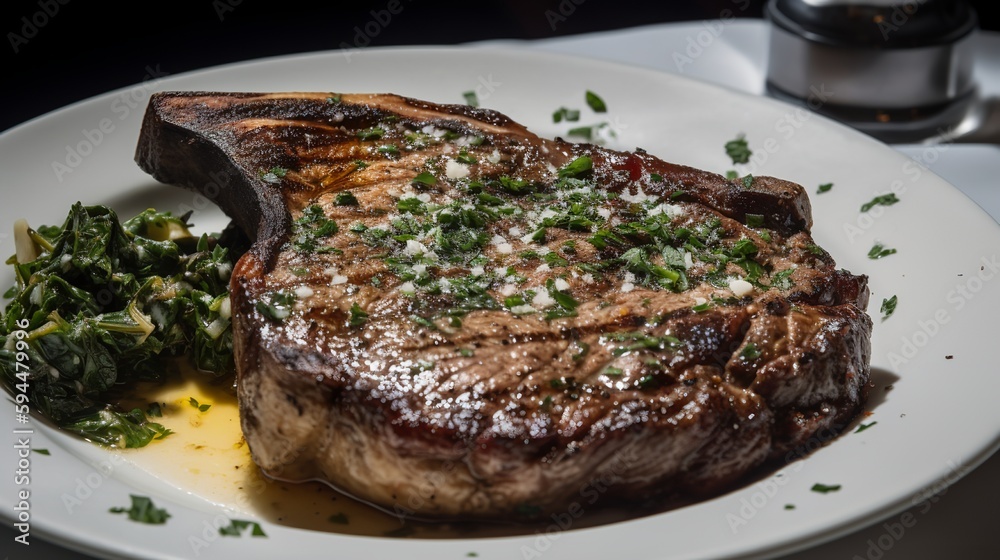 A succulent ribeye steak basted in melted butter and fresh herbs A succulent ribeye steak basted in melted butter and fresh herbs