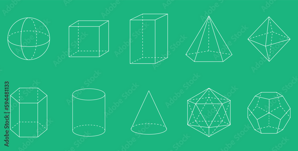 3D geometric shapes. Square, Cube, Cuboid, Pentagonal pyramid ...