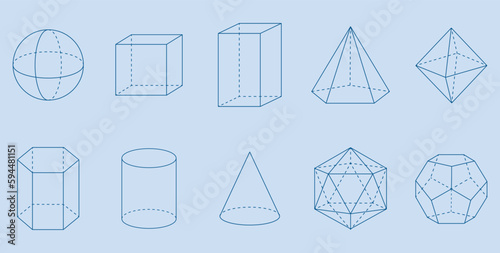 3D geometric shapes. Square  Cube  Cuboid  Pentagonal pyramid  Octahedron  Hexagonal prism  Cylinder  Cone  Icosahedron and Dodecahedron shapes. Vector illustration isolated on blue background.