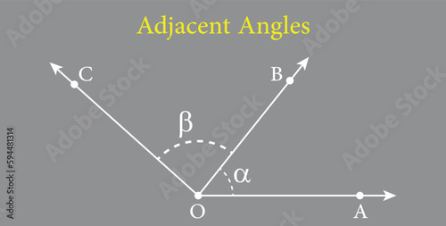 Adjacent angles in mathematics. Two angles with common vertex and side. Vector illustration isolated on grey background.
