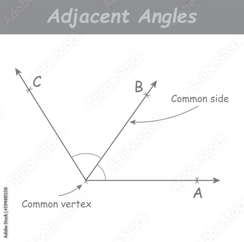 Adjacent angles in mathematics. Two angles with common vertex and side. Vector illustration isolated on white background.
